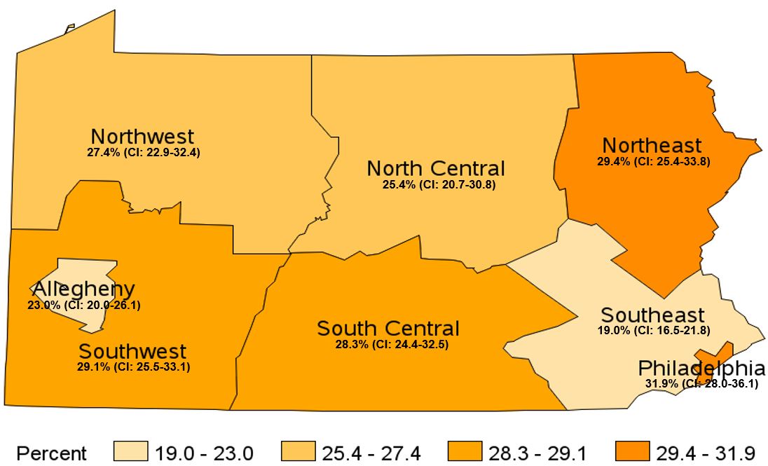 Participated in No Physical Activity in the Past Month, Pennsylvania Health Districts, 2019